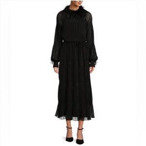 Gibson and Latimer Feather Mock Neck Long Sleeve Velvet Bow Pleated Dress sz S